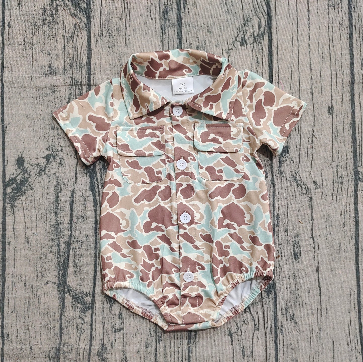 (Pre-order)SR3655 Brown Blue Camo Print Pockets Baby Boys Summer Romper