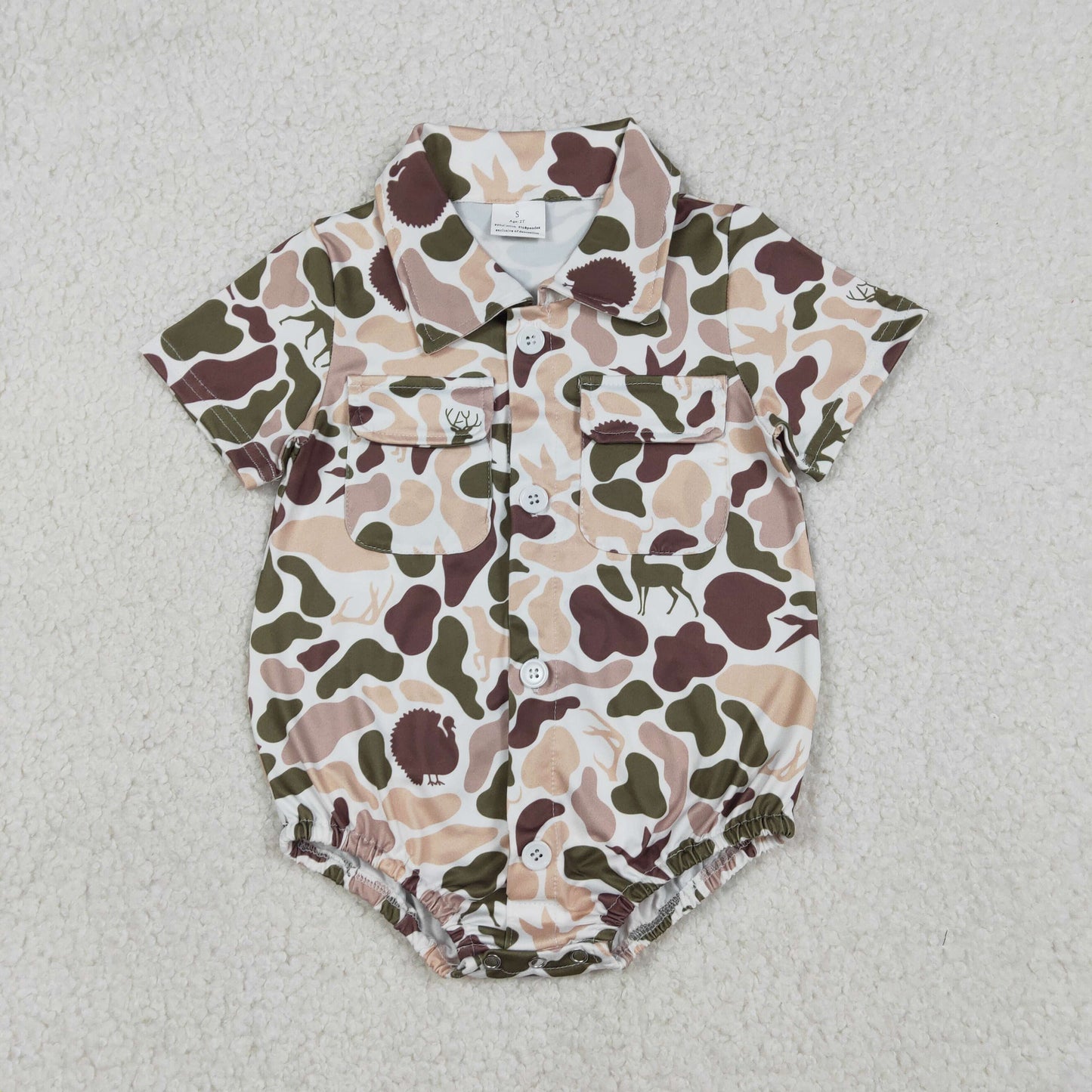 SR3657 Brown Khaki Camo Print Pockets Baby Boys Summer Romper
