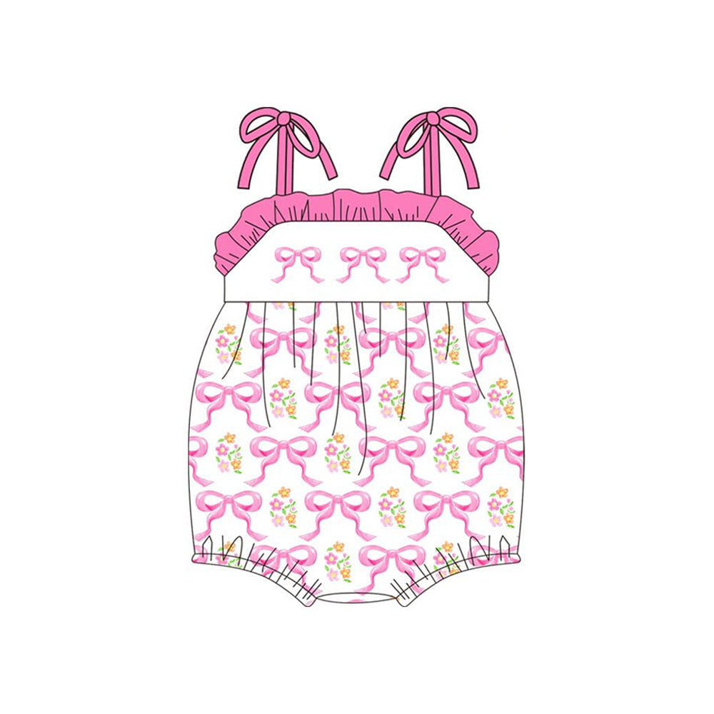 (Pre-order)SR3674 Pink Bows Small Flowers Print Baby Girls Summer Romper