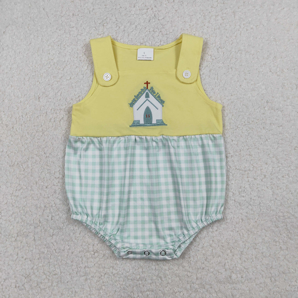 SR3703 Jesus Loves Me Embroidery Yellow Baby Boys Summer Romper