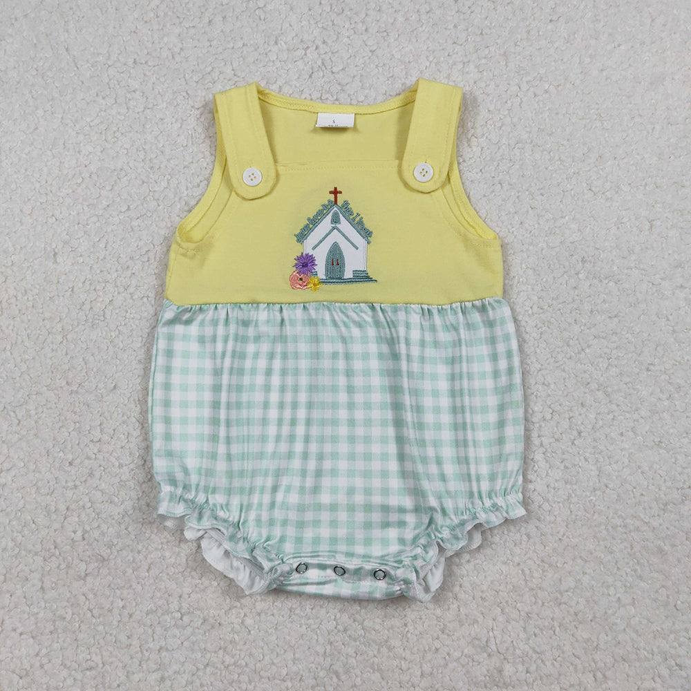 SR3704 Jesus Loves Me Embroidery Yellow Baby Girls Summer Romper
