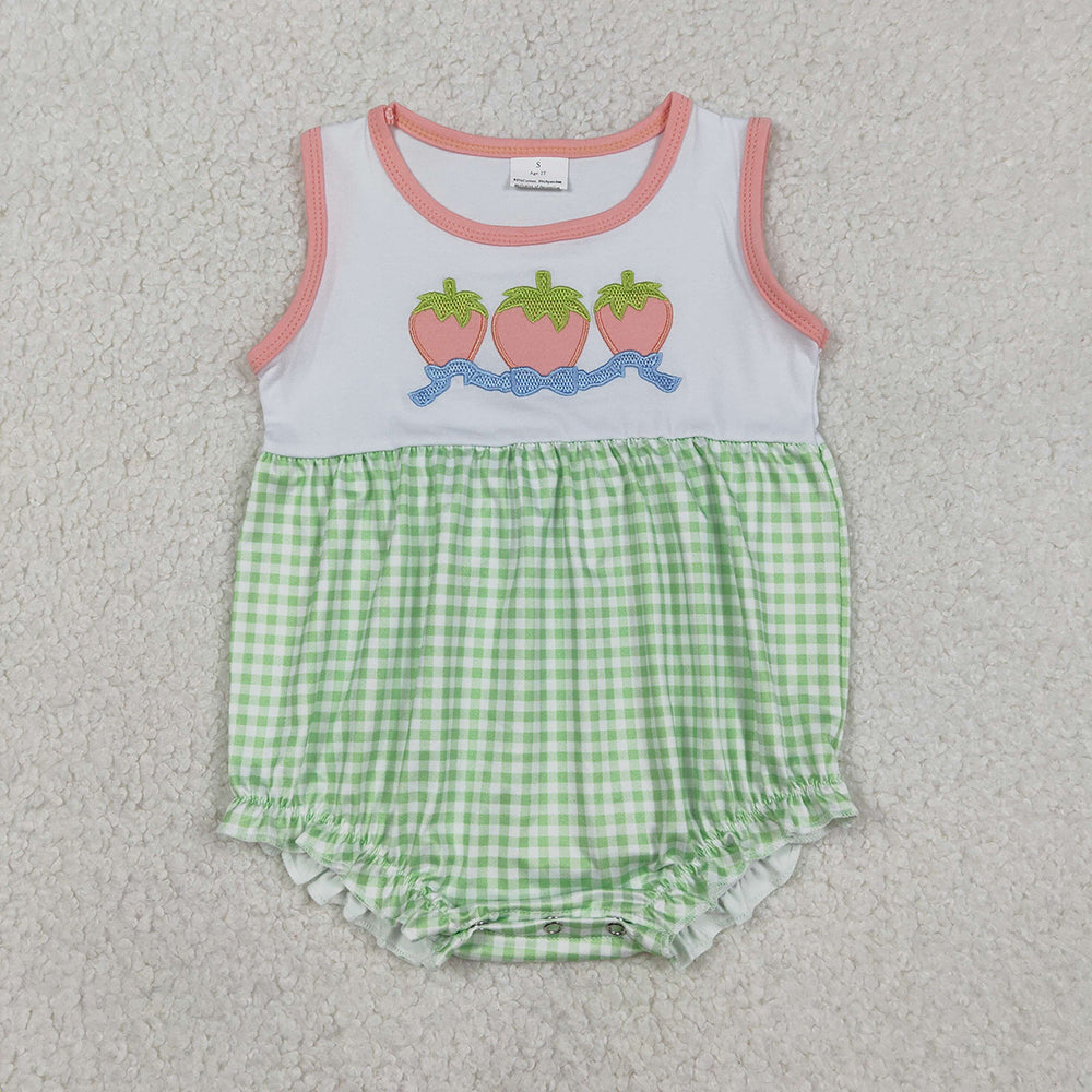 SR3725 Strawberry Embroidery Plaid Print Baby Girls Summer Romper