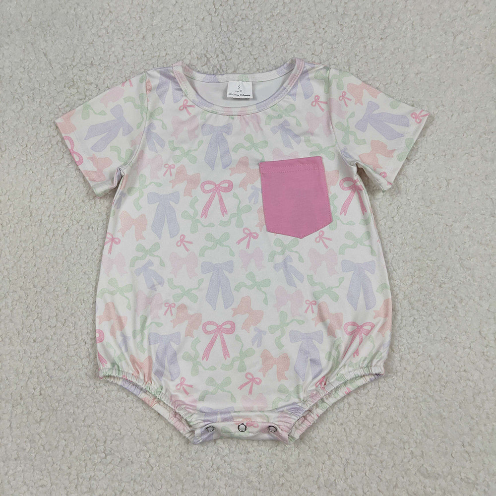 SR3731 Colorful Bows Print Pocket Baby Girls Summer Romper