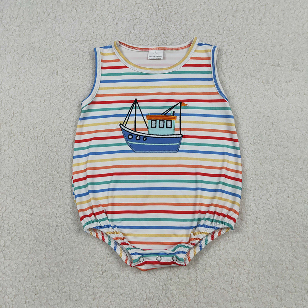 SR3733 Ship Embroidery Stripes Print Baby Boys Summer Romper