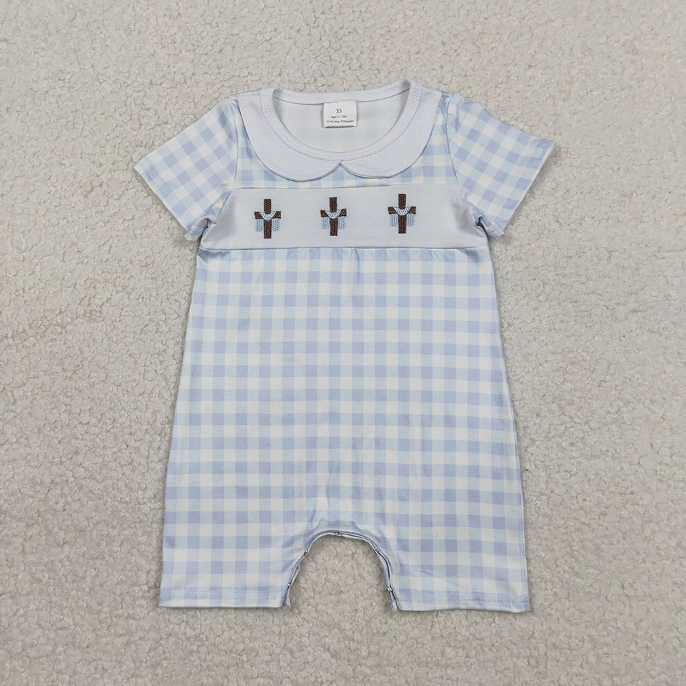 SR3758 Cross Embroidery Blue Plaid Print Baby Boys Easter Romper