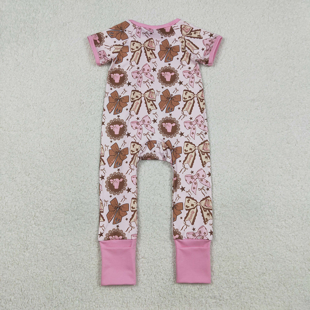 SR3763 Heifer Bows Pink Print Baby Girls Western Zipper Sleeper Romper