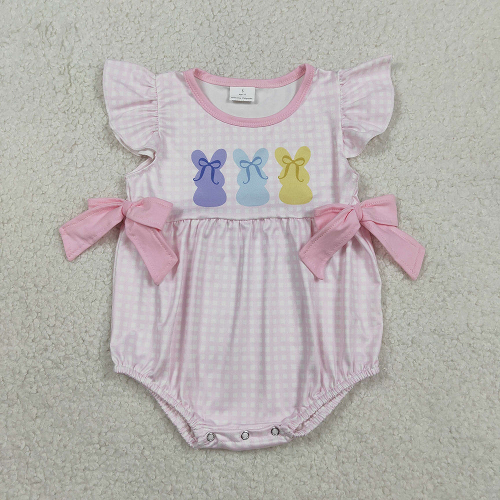SR3767 Bunny Pink Plaid Print Baby Girls Easter Romper