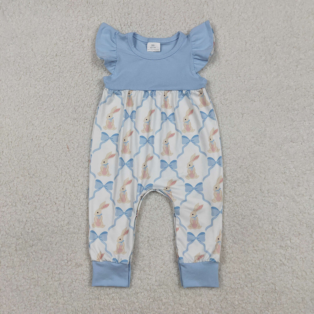 SR3806 Bunny Blue Bows Print Baby Girls Easter Romper