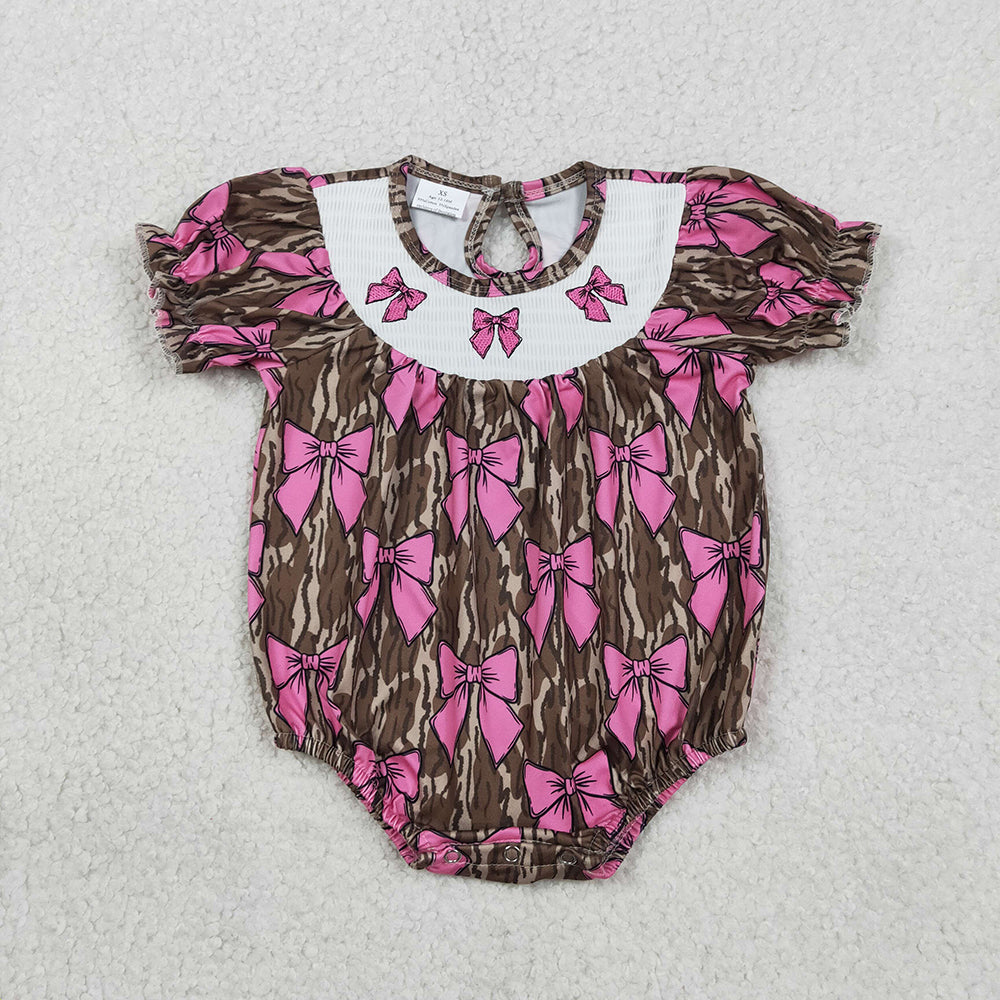SR3827 Camo Bows Embroidery Baby Girls Summer Smocked Romper