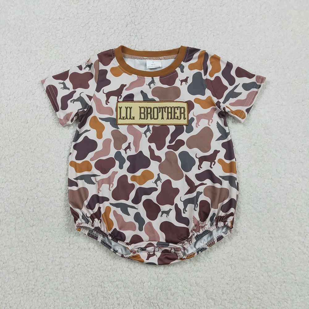 SR3865 LIL BROTHER Embroidery Brown Camo Print Baby Boys Summer Romper