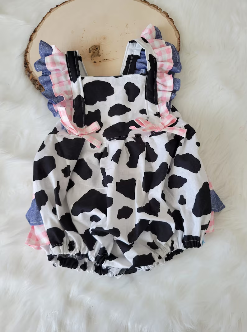 (Pre-order)SR3898 Cowhide Black White Print Baby Girls Summer Bubble Romper