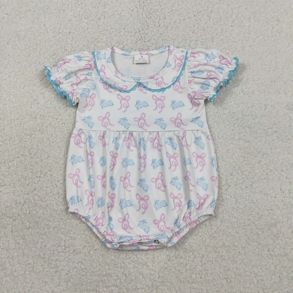 SR3938 Bunny Bows Print Baby Girls Easter Romper