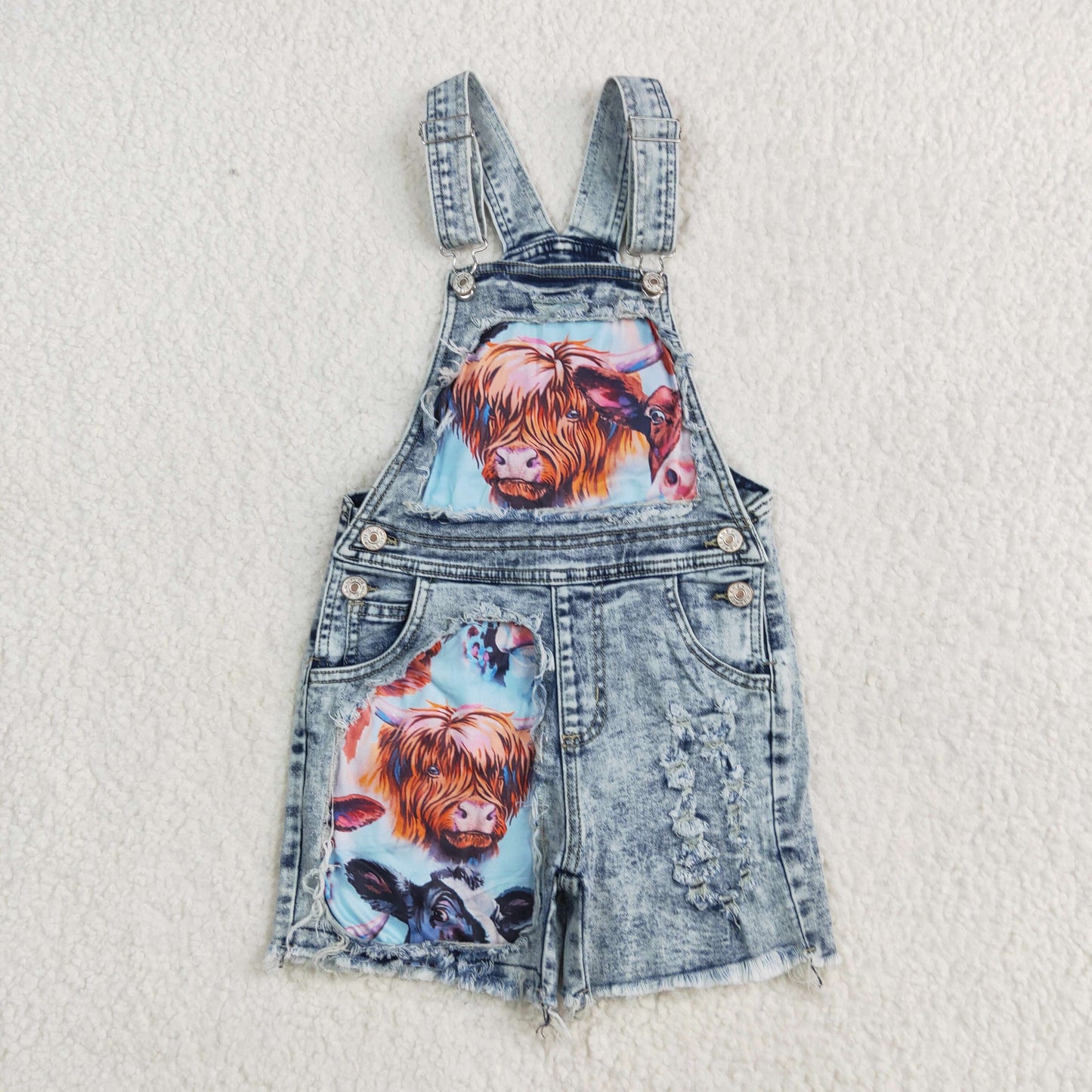 Baby girls highland cow suspender denim overall shorts jumpsuit SS0023