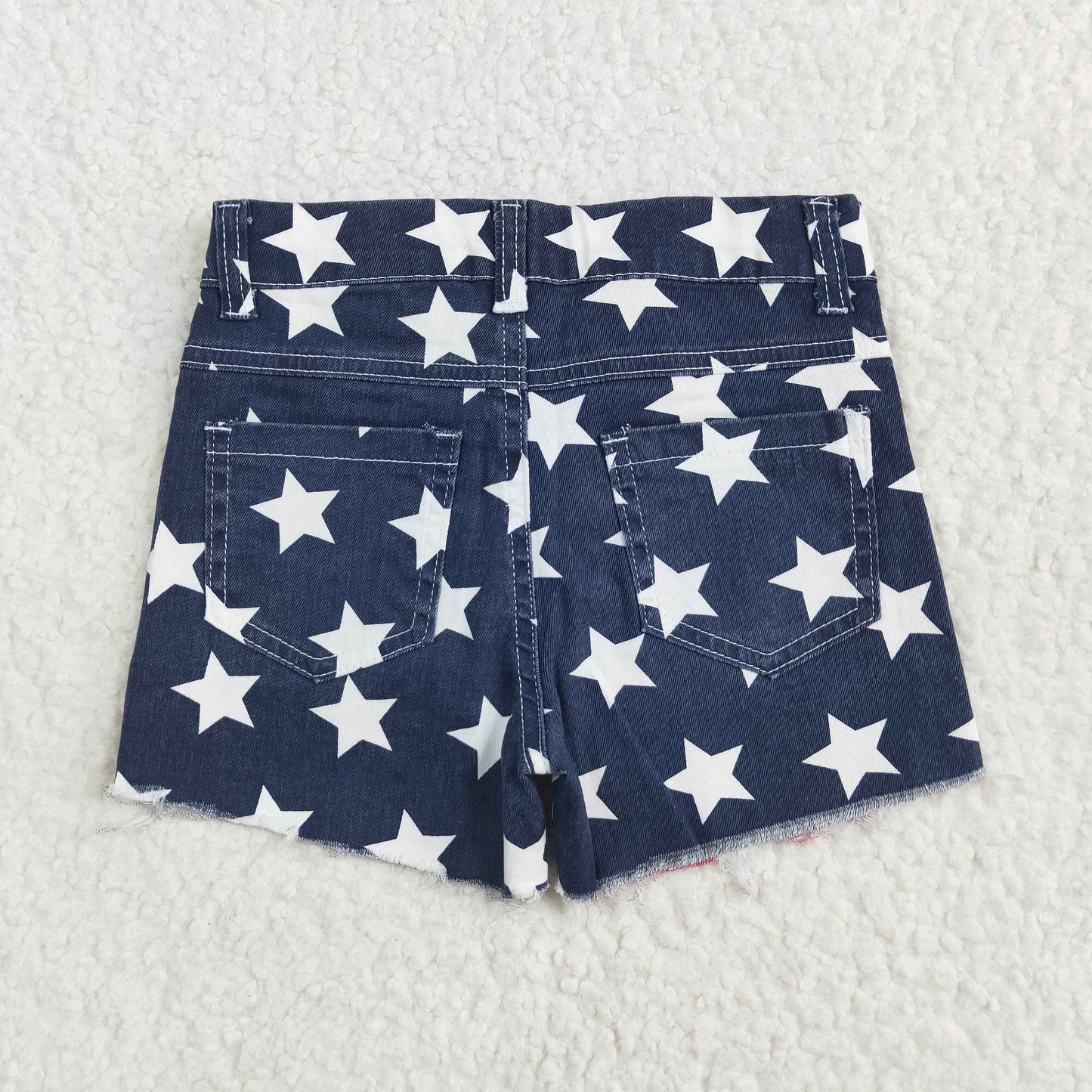 SS0168 Blue Star Red Stripes Denim 4th of July Jeans Girls Shorts