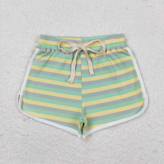 SS0341 Green Yellow Grey Stripes Girls Summer Cotton Sport Shorts