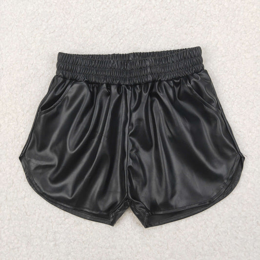 SS0413 Black Pocket Pleather Elastic Girls Summer Bottom Shorts