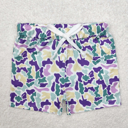 SS0433-2  Yellow Purple Green Camo Print Kids Mardi Gras Bottom Shorts