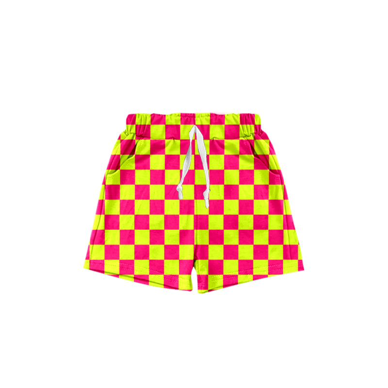 (Pre-order)SS0439 Hot Pink Yellow Plaid Print Kids Summer Bottom Shorts