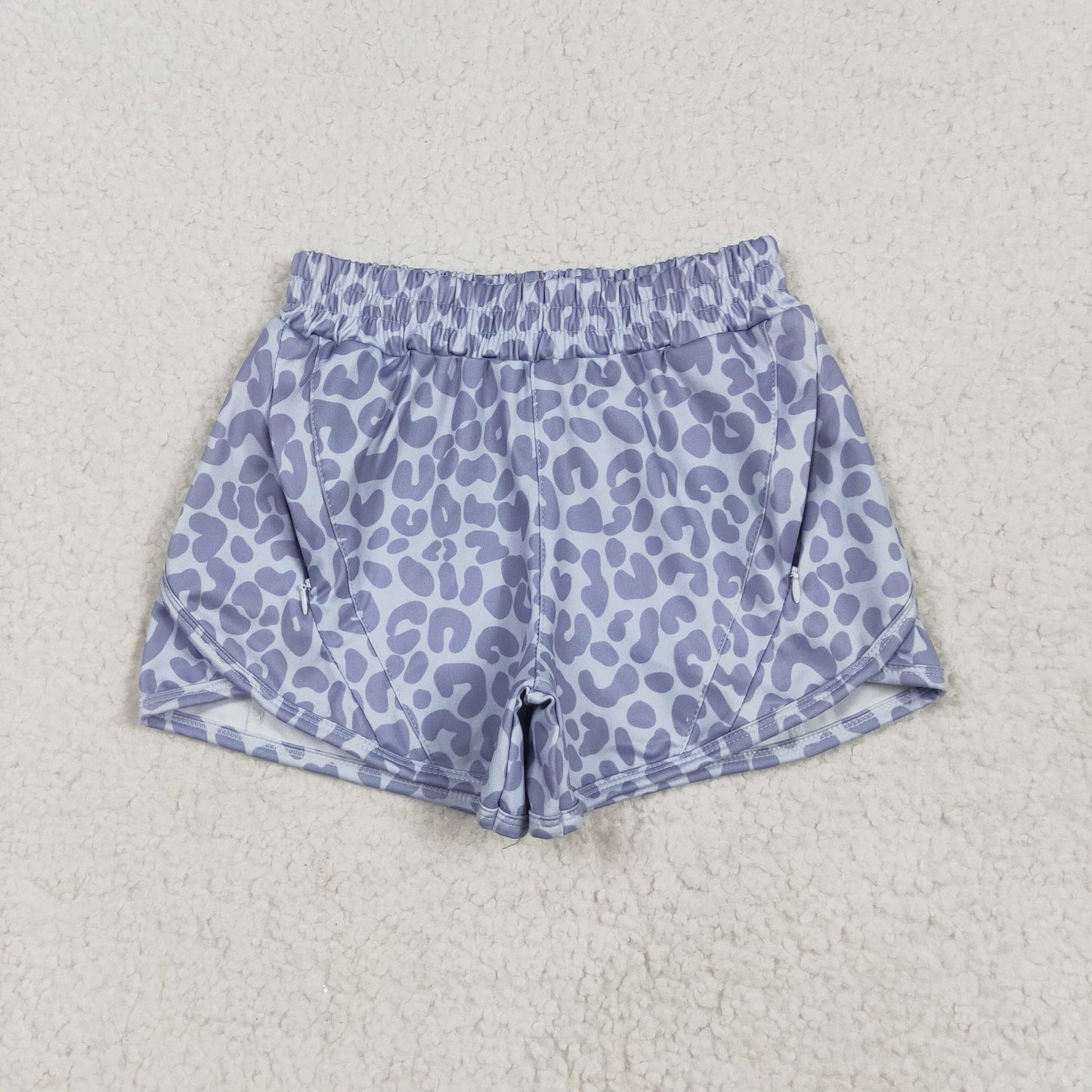 Grey Leopard Print Mom and Me Summer Zipper Pockets Bottom Yoga Shorts