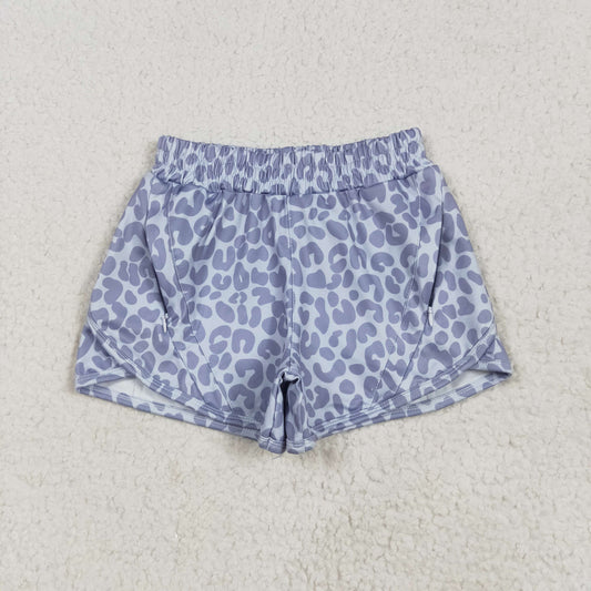 SS0464 Grey Leopard Print Zipper Pockets Girls Summer Bottom Yoga Shorts