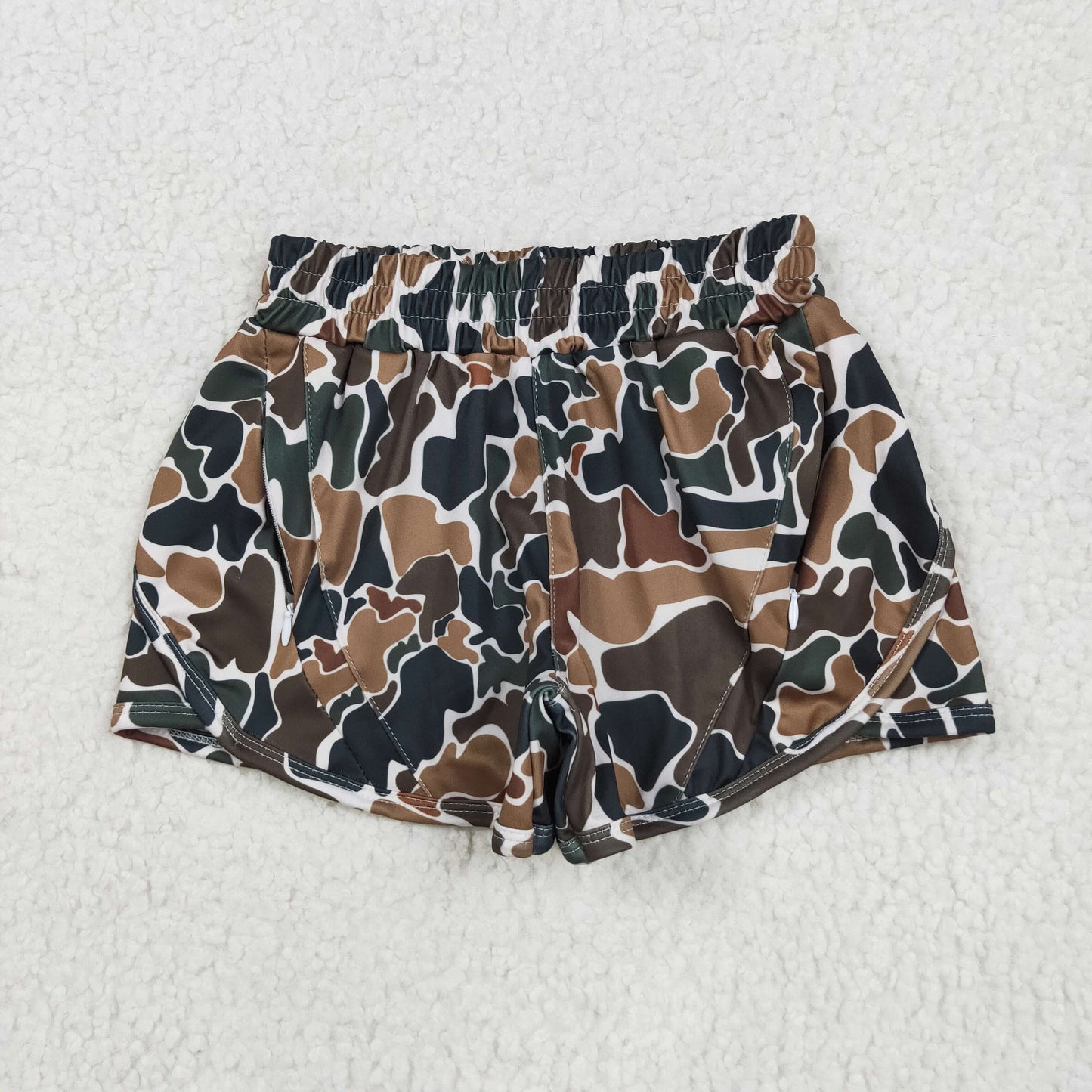 Brown Camo Print Mom and Me Summer Zipper Pockets Bottom Yoga Shorts