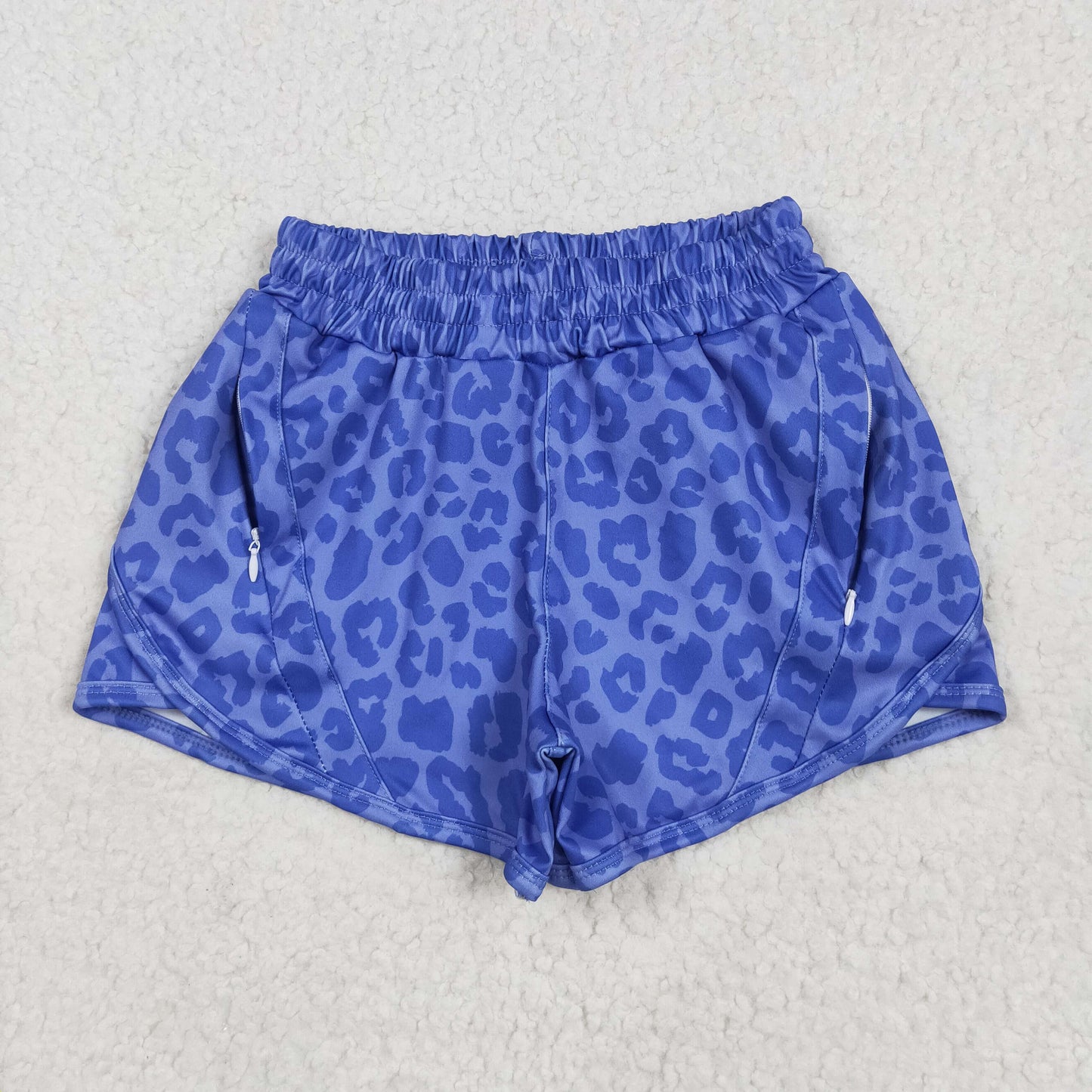 SS0466 Blue Leopard Print Zipper Pockets Girls Summer Bottom Yoga Shorts