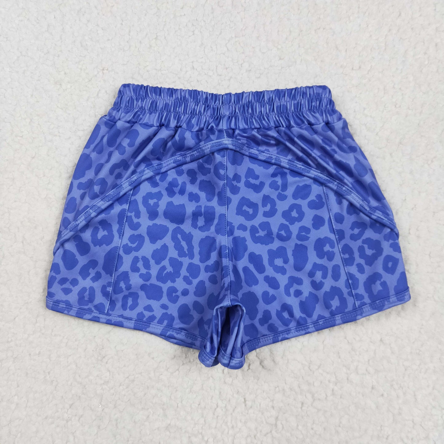 SS0466 Blue Leopard Print Zipper Pockets Girls Summer Bottom Yoga Shorts