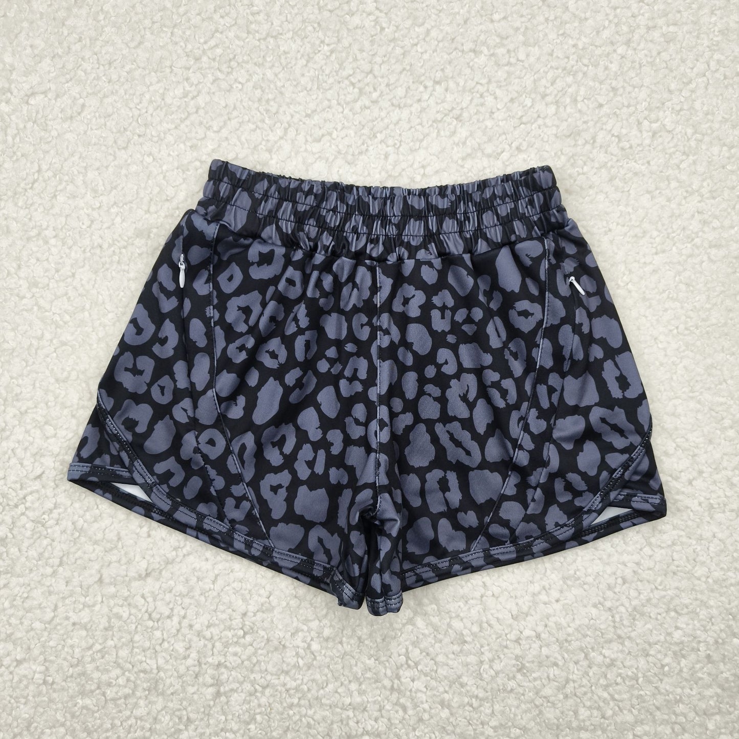 SS0467 Black Leopard Print Zipper Pockets Girls Summer Bottom Yoga Shorts