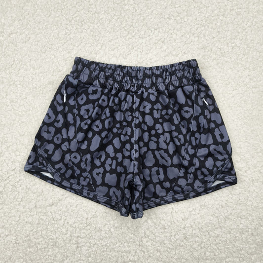 SS0467 Black Leopard Print Zipper Pockets Girls Summer Bottom Yoga Shorts
