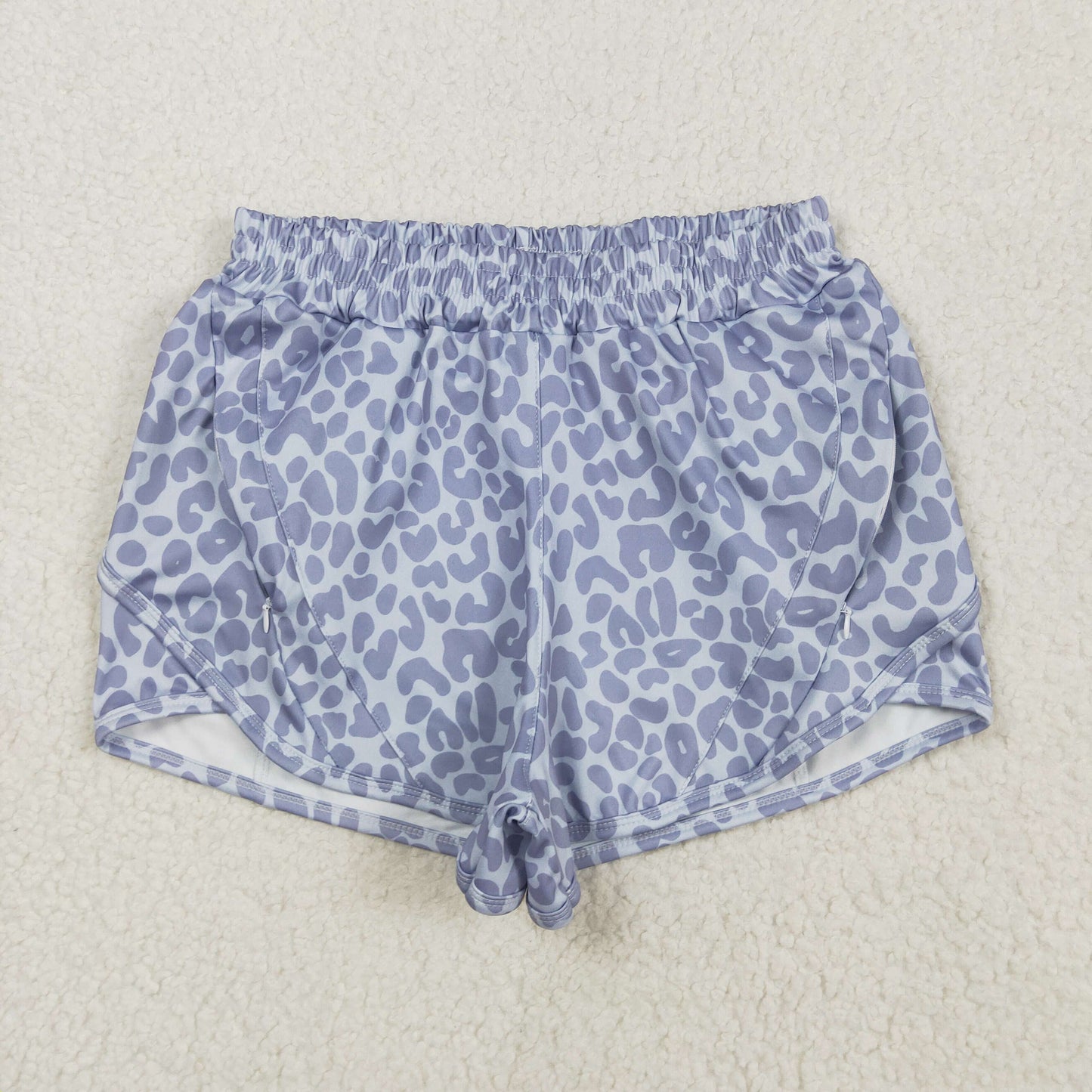 Grey Leopard Print Mom and Me Summer Zipper Pockets Bottom Yoga Shorts