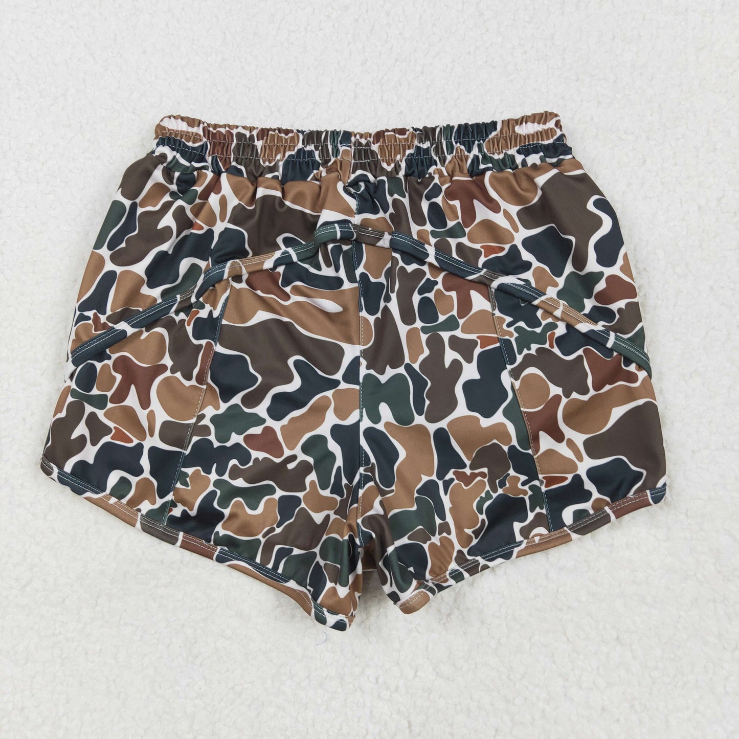 Brown Camo Print Mom and Me Summer Zipper Pockets Bottom Yoga Shorts