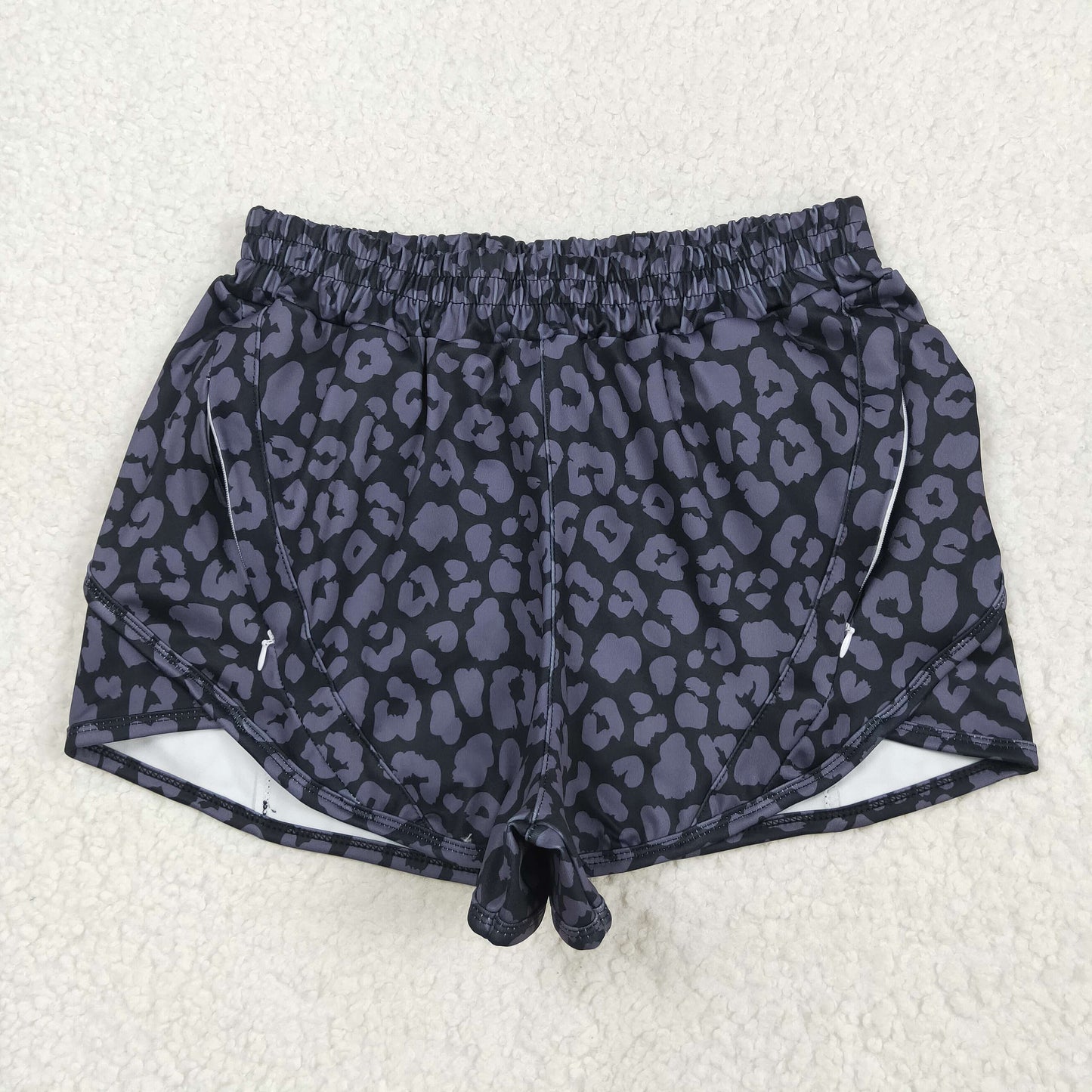 Black Leopard Print Mom and Me Summer Zipper Pockets Bottom Yoga Shorts