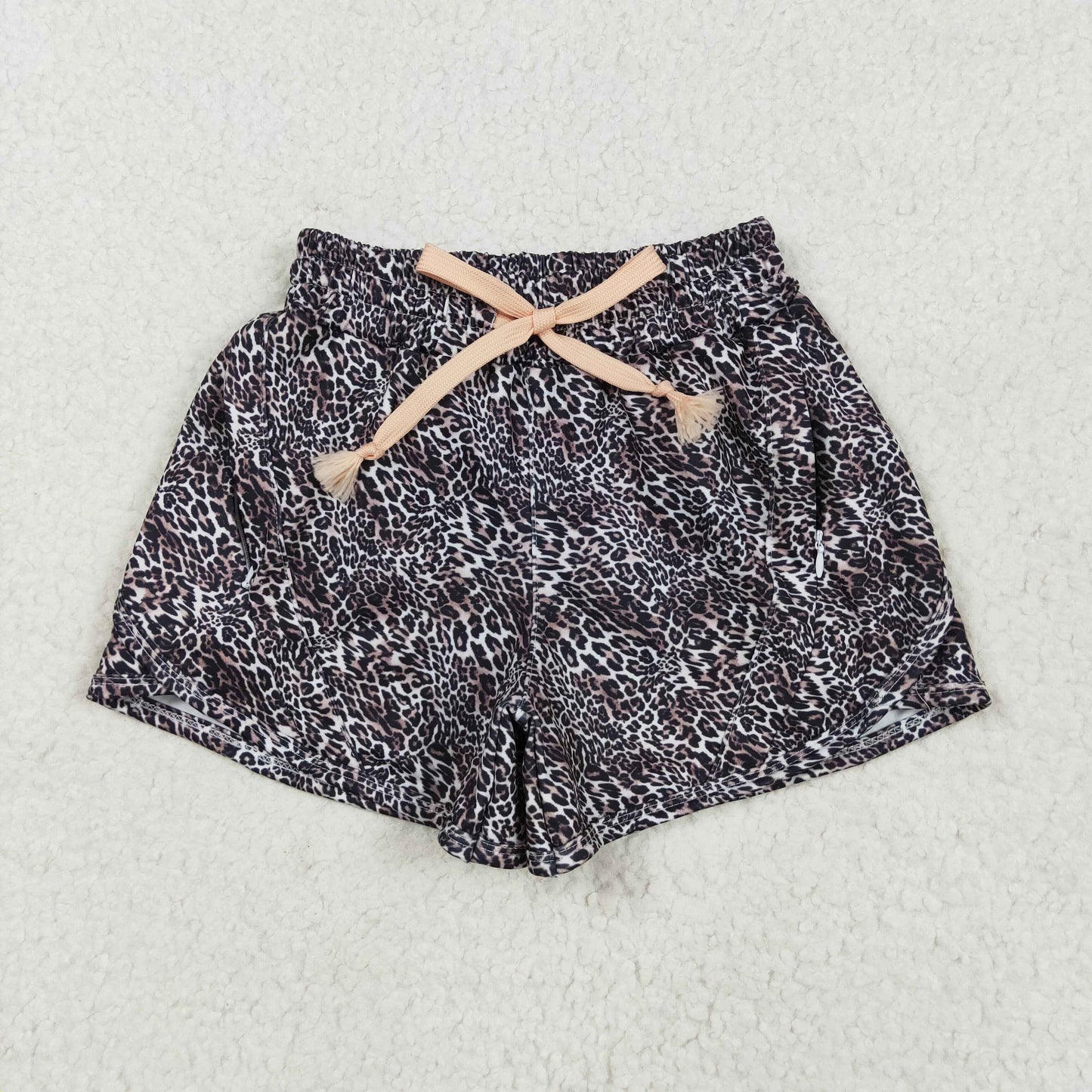 SS0480 Brown Small Leopard Print Zip Pockets Kids Summer Bottom Yoga Shorts