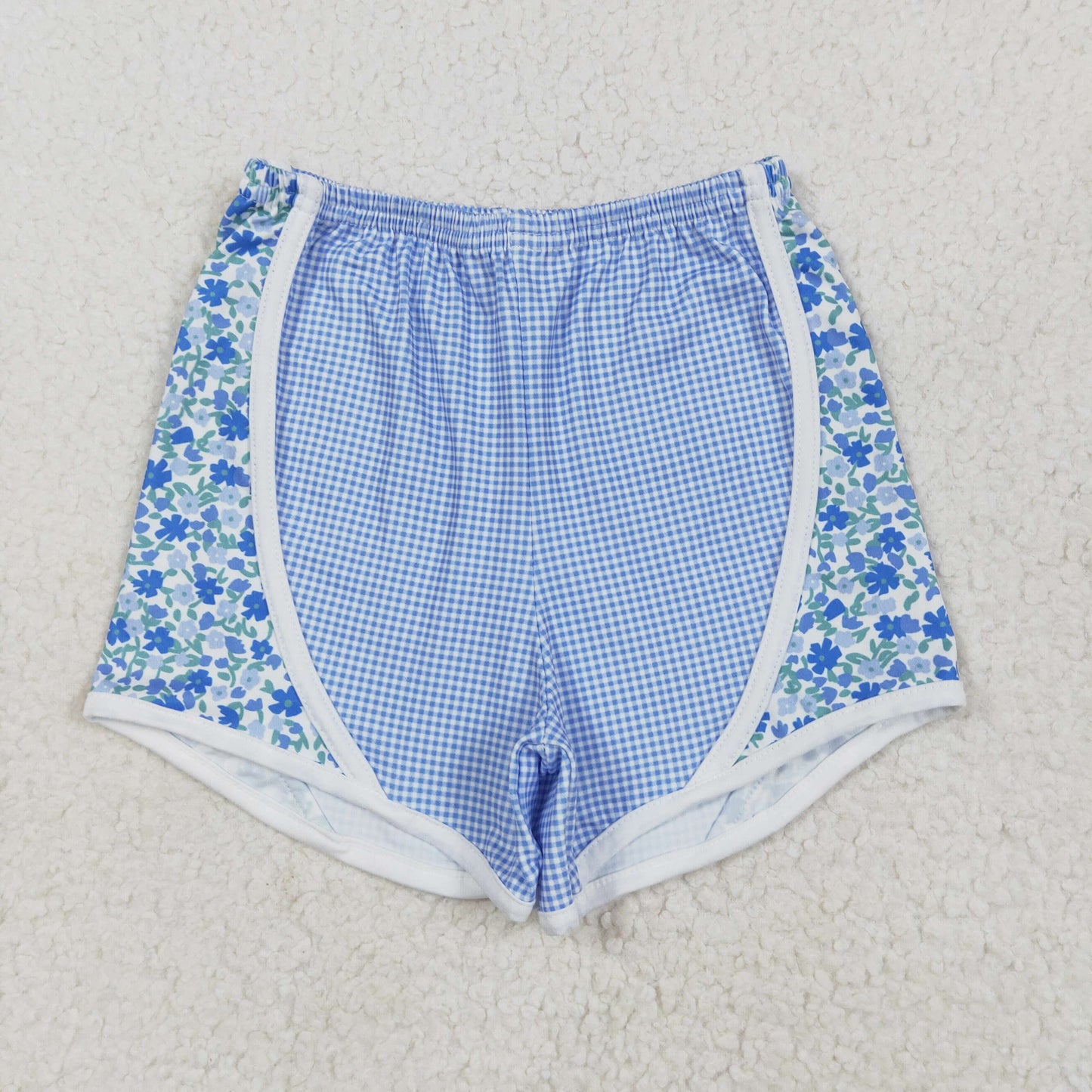 SS0519 Blue Flowers Plaid Print Girls Summer Bottom Shorts