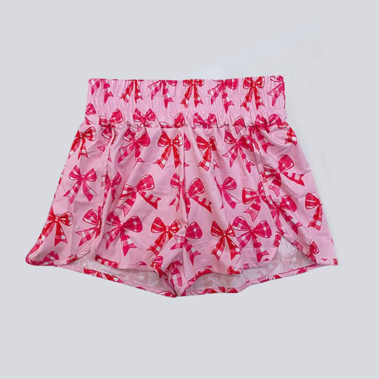 (Pre-order)SS0568 Adult Pink Bows Print Woman Summer Bottom Yoga Shorts