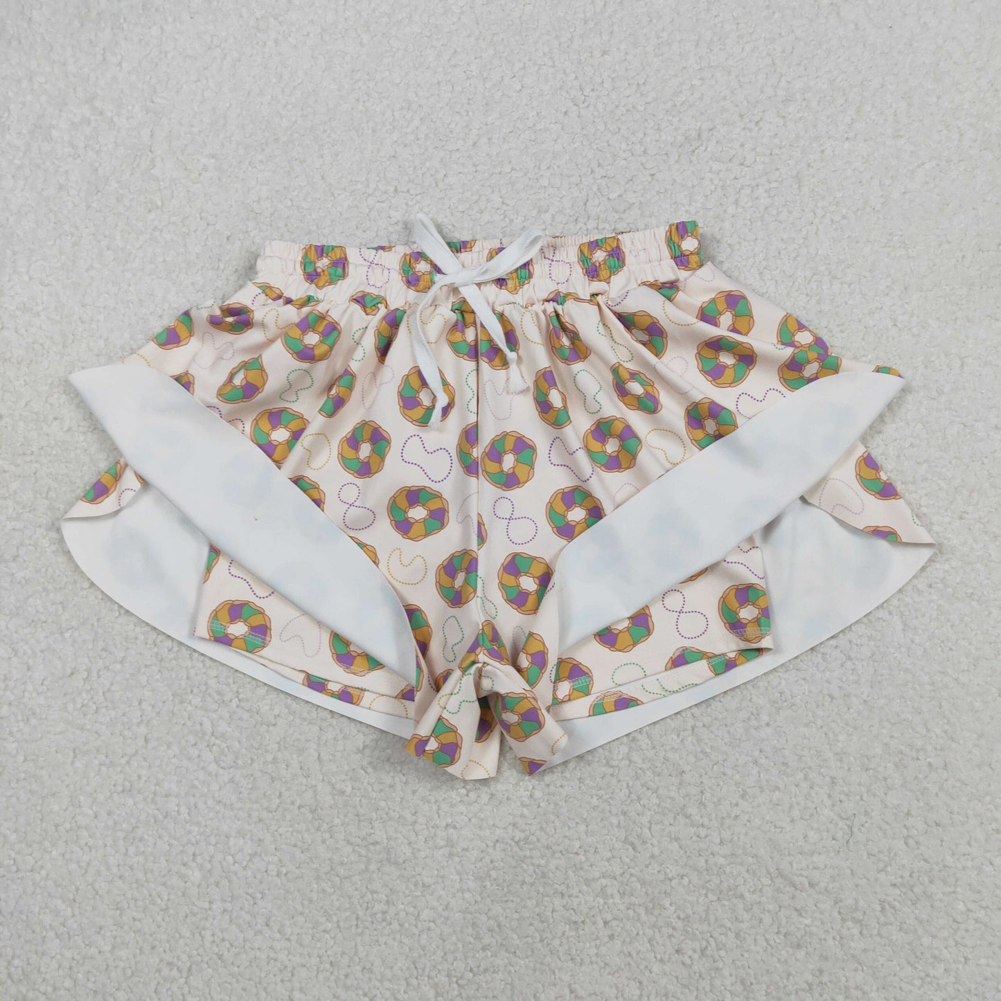 SS0680 Adult Donut Print Woman Mardi Gras Bottom Flutter Yoga Shorts