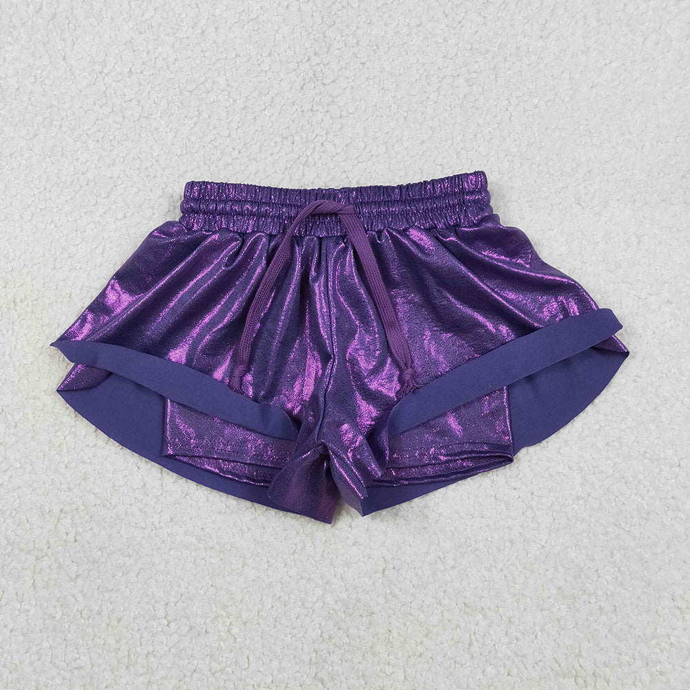 SS0686 Purple Pleather Elastic Girls Mardi Gras Bottom Flutter Shorts