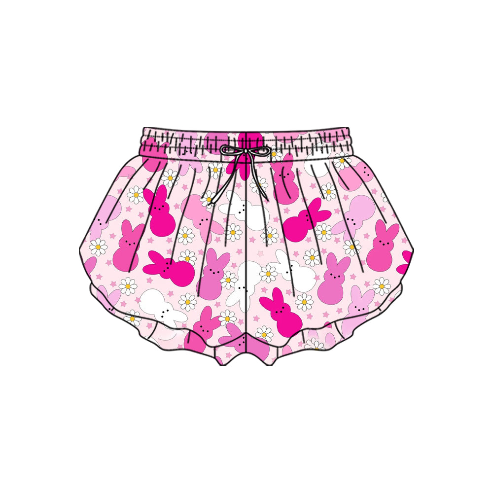 (Pre-order)SS0714 Hot Pink Bunny Flowers Girls Easter Bottom Flutter Yoga Shorts