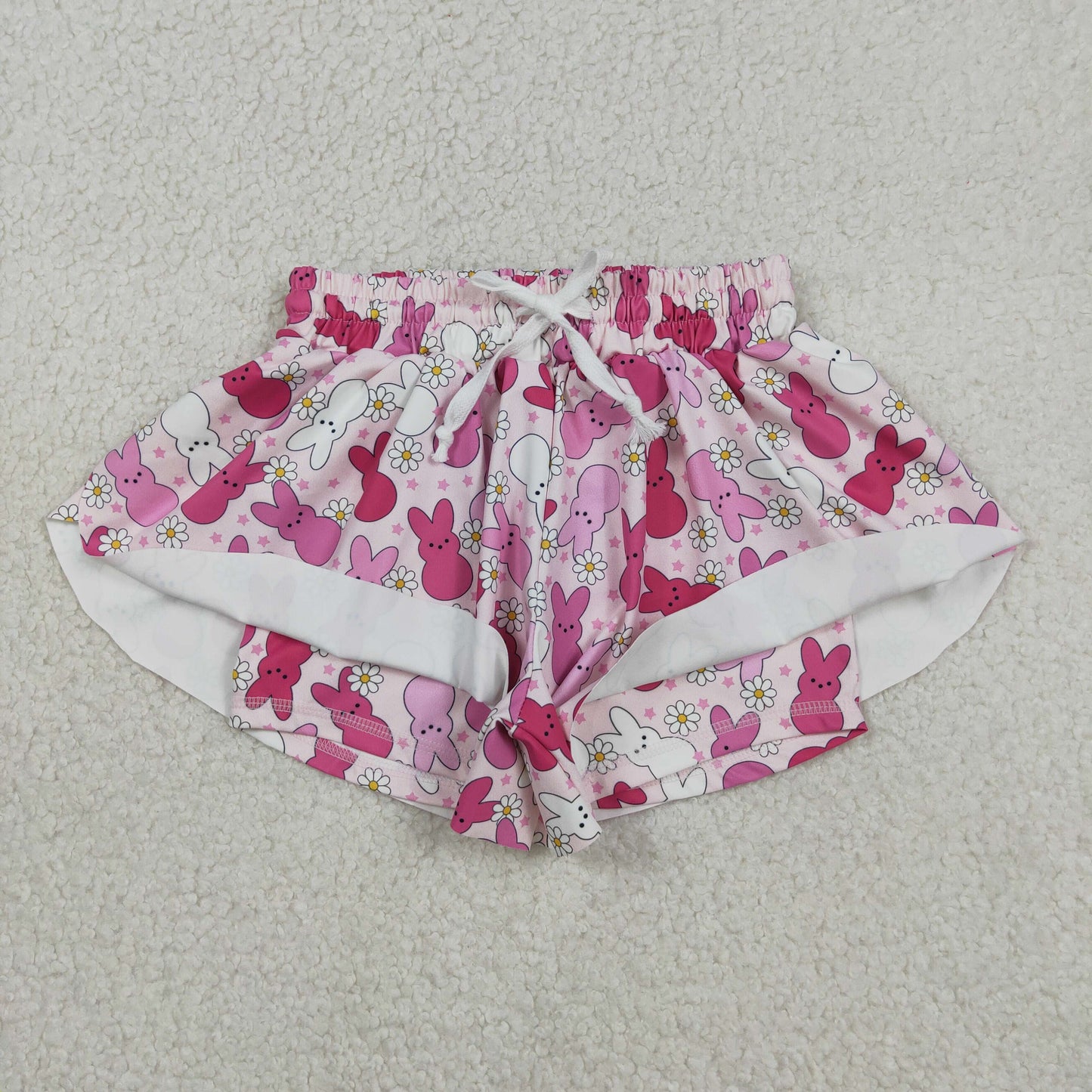 SS0714 Hot Pink Bunny Flowers Girls Easter Bottom Flutter Yoga Shorts