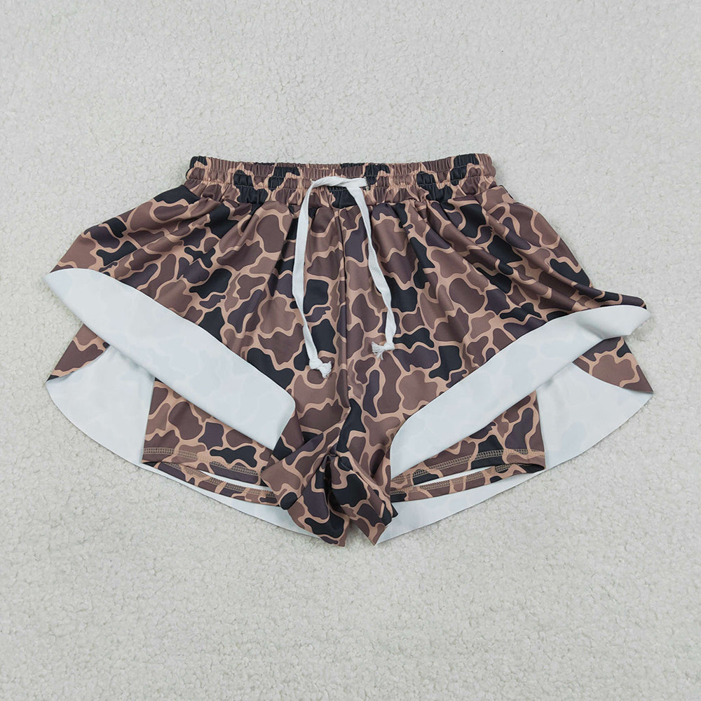 SS0767 Adult Brown Camo Print Woman Summer Bottom Flutter Yoga Shorts
