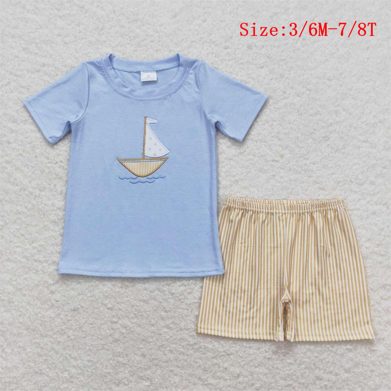 BSSO0602 Sailboat Embroidery Blue Top Stripes Shorts Boys Summer Clothes Sets