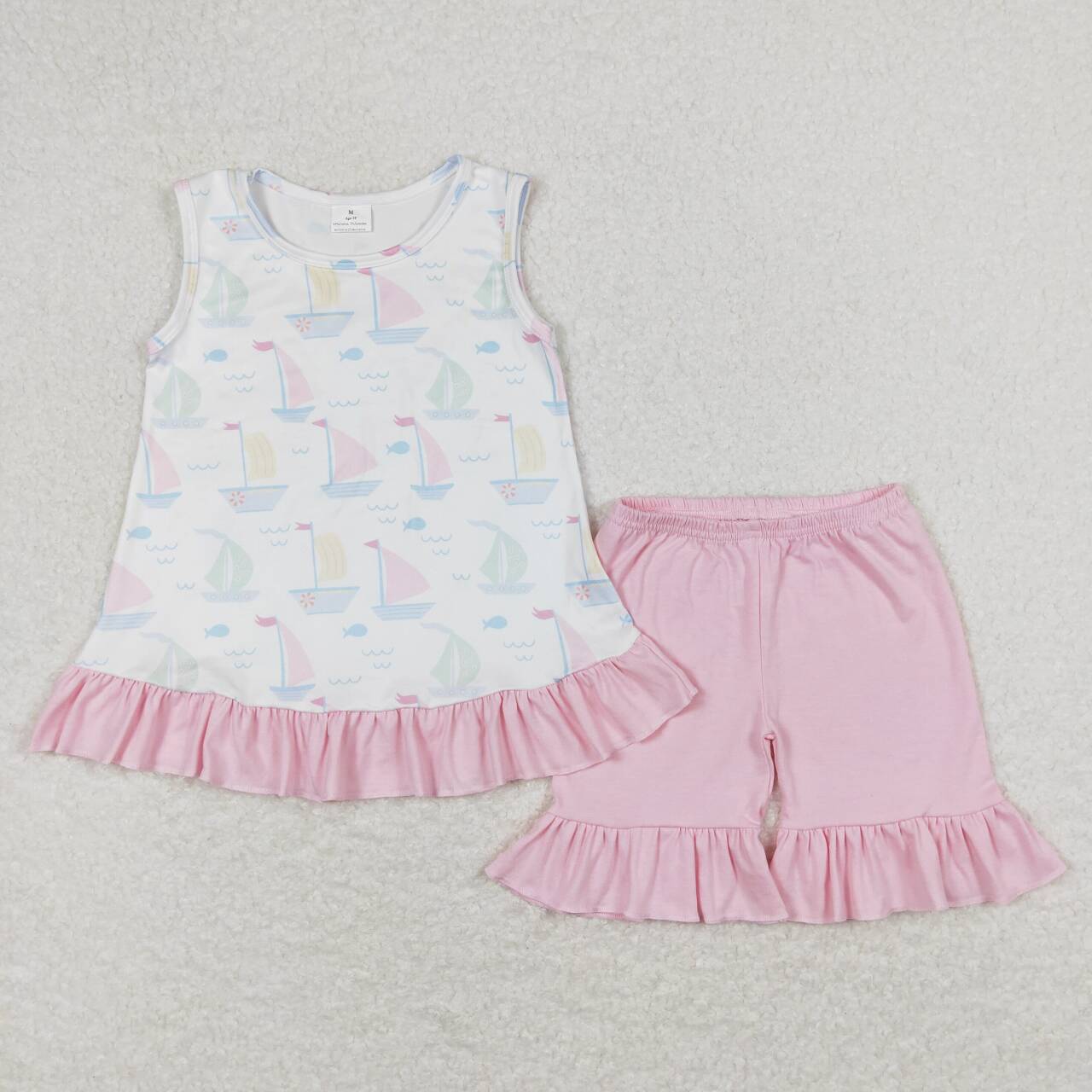GSSO0766 Sailboat Top Pink Shorts Girls Summer Clothes Set