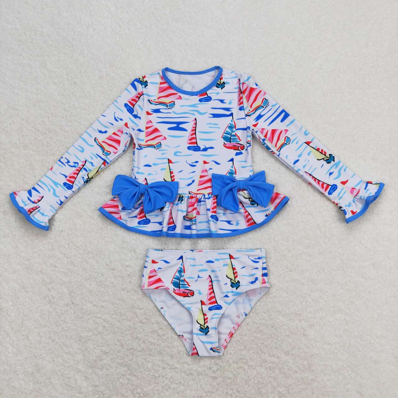 S0276 Sailboat Print Girls 2 Pieces Long Sleeve Swimsuits
