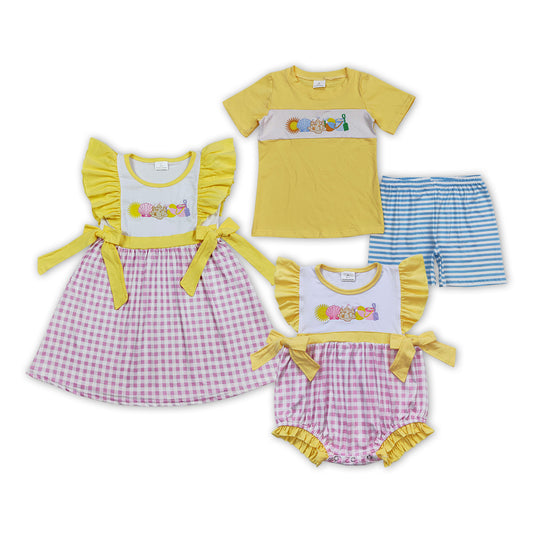 Beach Play Embroidery Plaid Sibling Summer Matching Clothes
