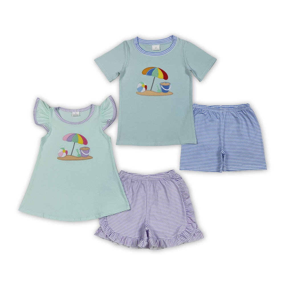 Sandbeach Embroidery Top Purple Shorts Kids Summer Clothes Sibling Wear