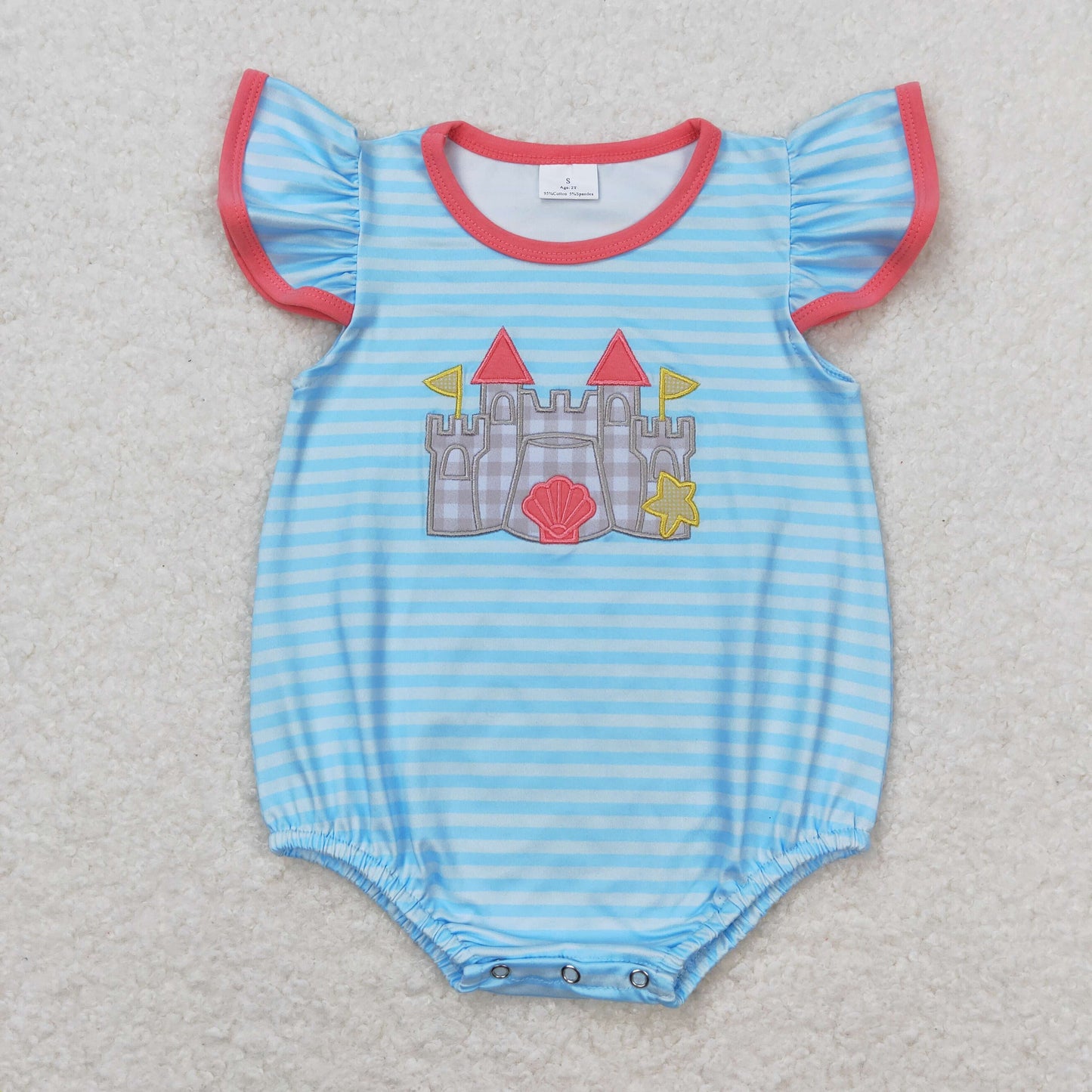 SR1317 Beach Castle Embroidery Stripes Baby Girls Summer Romper