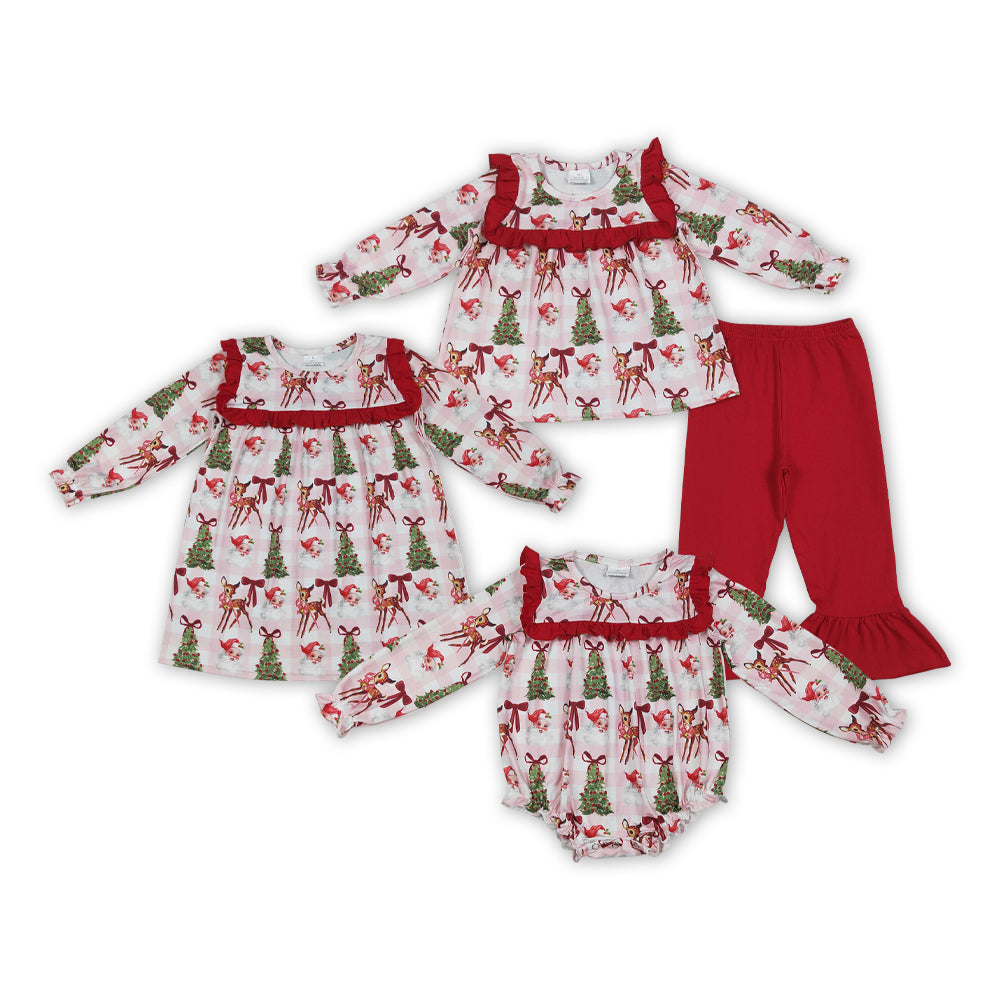 Santa Deer Bows Print Girls Christmas Clothes Sisters Matching Wear