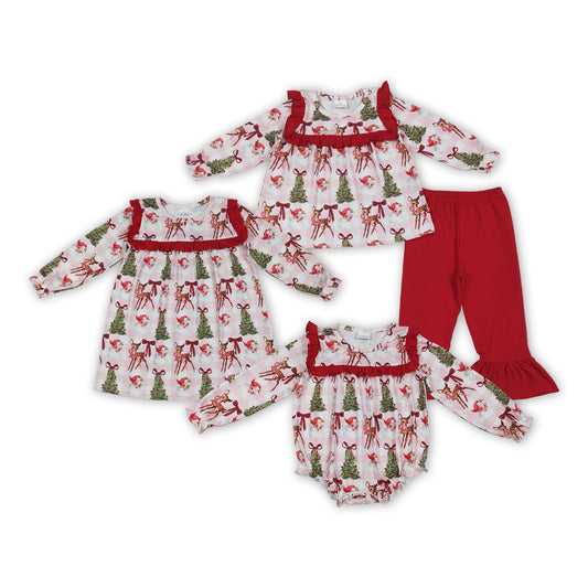 Santa Deer Bows Print Girls Christmas Clothes Sisters Matching Wear