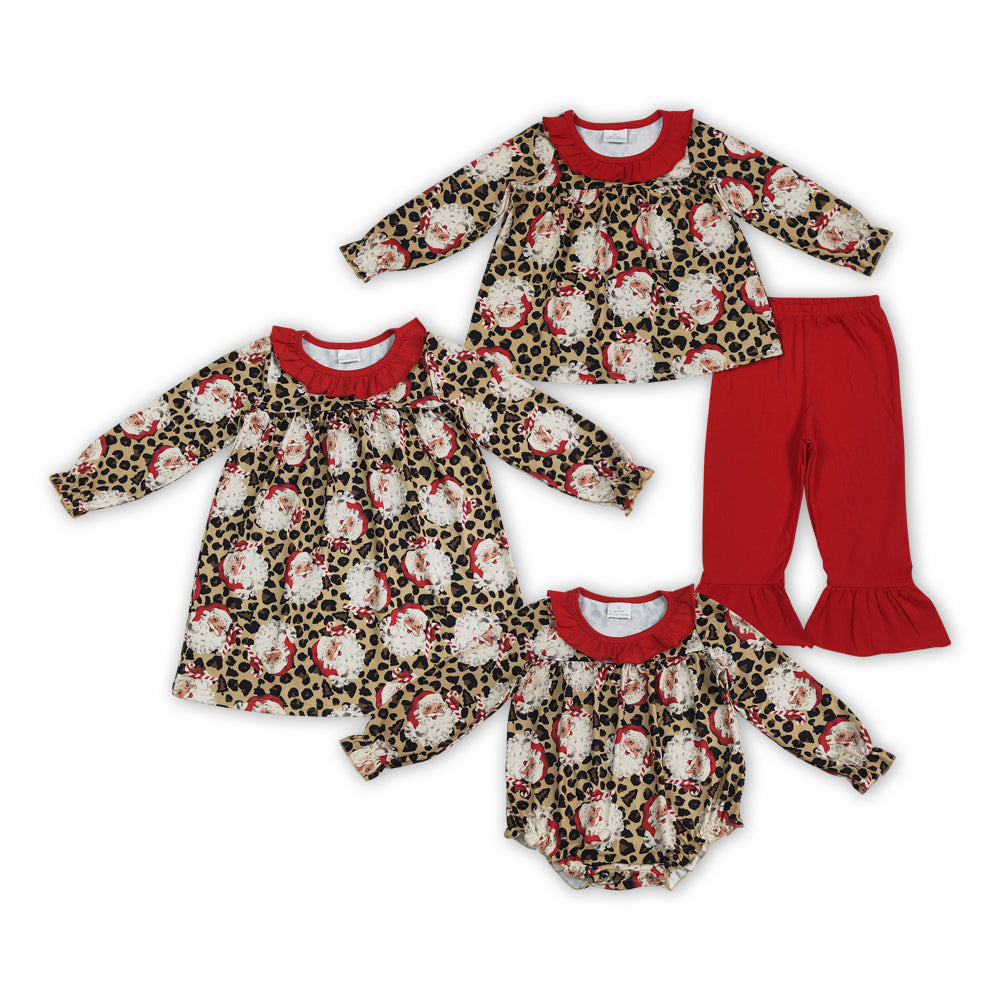 Santa Leopard Print Girls Christmas Clothes Sisters Matching Wear