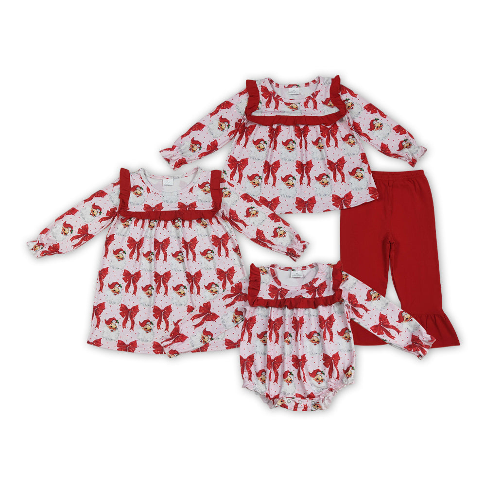 Santa Red Bows Print Girls Christmas Clothes Sisters Matching Wear